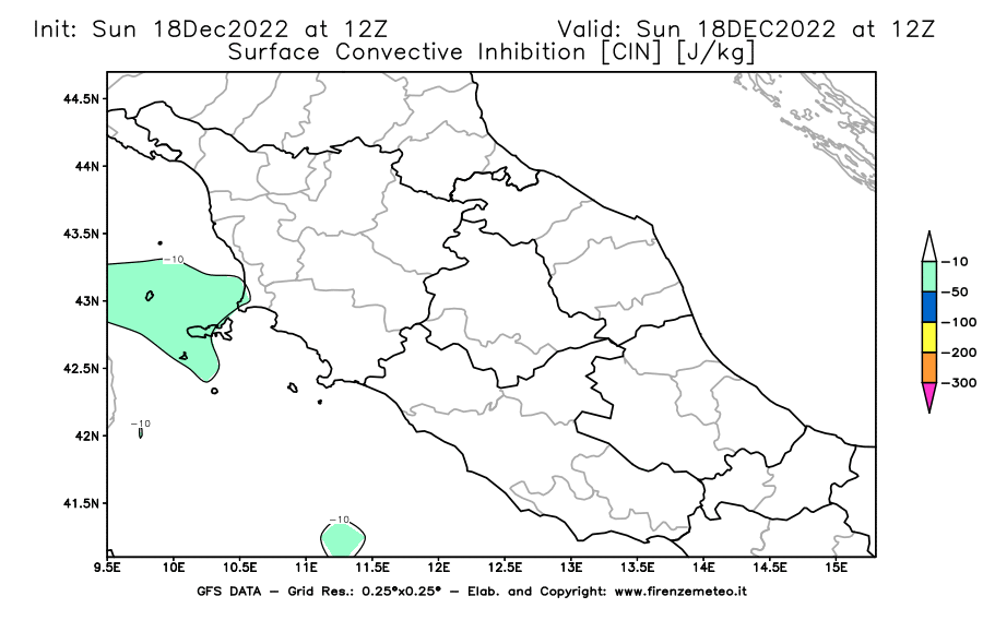 Mappa di analisi GFS - CIN [J/kg] in Centro-Italia
							del 18/12/2022 12 <!--googleoff: index-->UTC<!--googleon: index-->