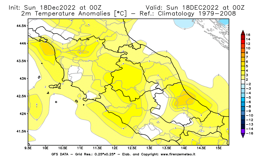 Mappa di analisi GFS - Anomalia Temperatura [°C] a 2 m in Centro-Italia
							del 18/12/2022 00 <!--googleoff: index-->UTC<!--googleon: index-->