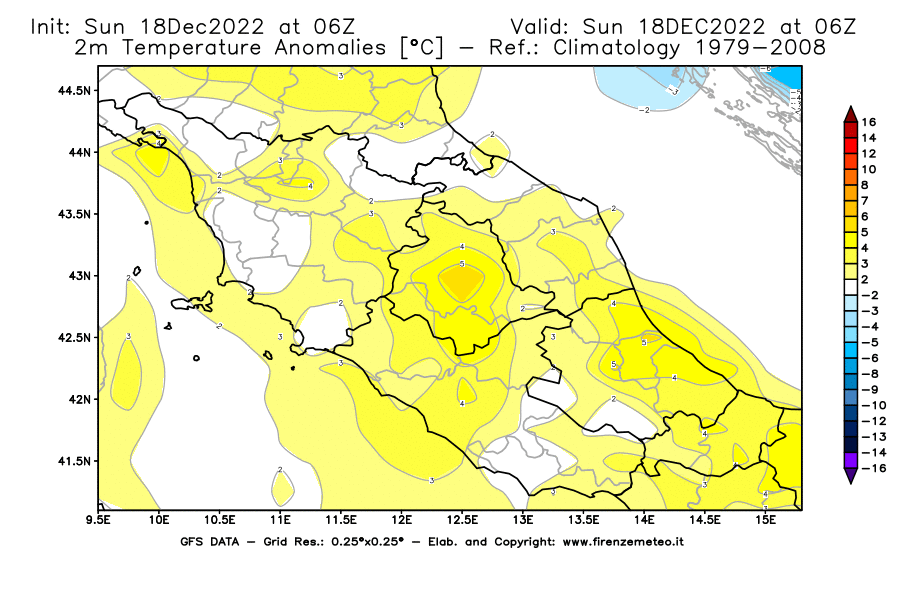 Mappa di analisi GFS - Anomalia Temperatura [°C] a 2 m in Centro-Italia
							del 18/12/2022 06 <!--googleoff: index-->UTC<!--googleon: index-->