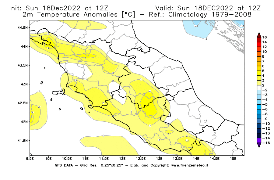 Mappa di analisi GFS - Anomalia Temperatura [°C] a 2 m in Centro-Italia
							del 18/12/2022 12 <!--googleoff: index-->UTC<!--googleon: index-->