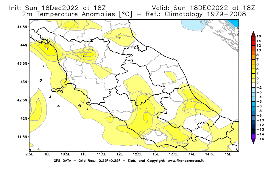 Mappa di analisi GFS - Anomalia Temperatura [°C] a 2 m in Centro-Italia
							del 18/12/2022 18 <!--googleoff: index-->UTC<!--googleon: index-->