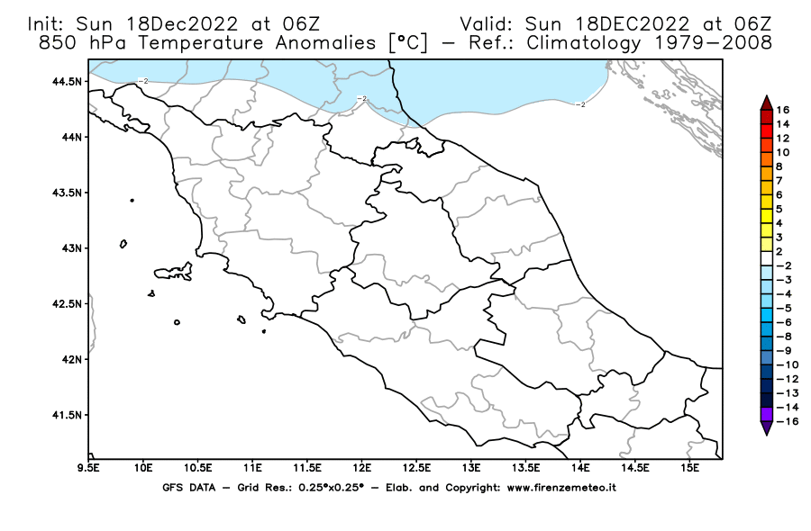 Mappa di analisi GFS - Anomalia Temperatura [°C] a 850 hPa in Centro-Italia
							del 18/12/2022 06 <!--googleoff: index-->UTC<!--googleon: index-->