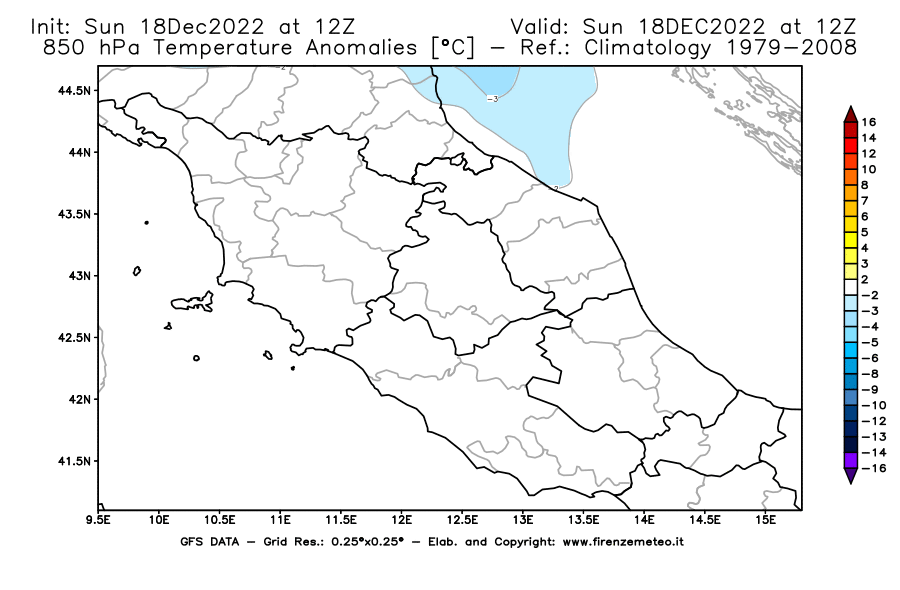 Mappa di analisi GFS - Anomalia Temperatura [°C] a 850 hPa in Centro-Italia
							del 18/12/2022 12 <!--googleoff: index-->UTC<!--googleon: index-->