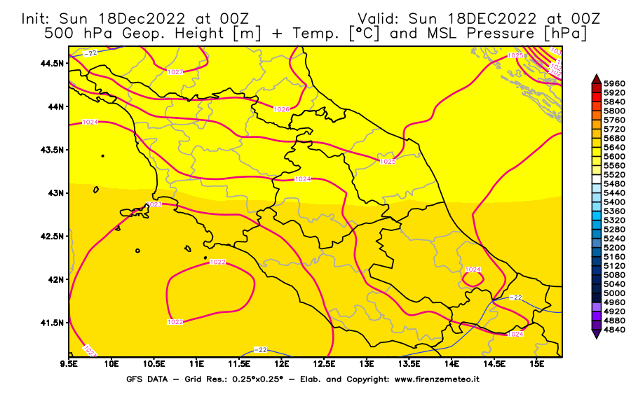 Mappa di analisi GFS - Geopotenziale [m] + Temp. [°C] a 500 hPa + Press. a livello del mare [hPa] in Centro-Italia
							del 18/12/2022 00 <!--googleoff: index-->UTC<!--googleon: index-->