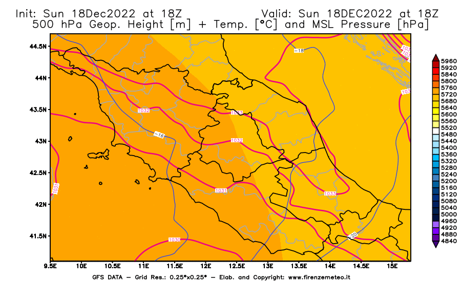 Mappa di analisi GFS - Geopotenziale [m] + Temp. [°C] a 500 hPa + Press. a livello del mare [hPa] in Centro-Italia
							del 18/12/2022 18 <!--googleoff: index-->UTC<!--googleon: index-->