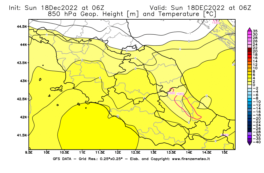 Mappa di analisi GFS - Geopotenziale [m] e Temperatura [°C] a 850 hPa in Centro-Italia
							del 18/12/2022 06 <!--googleoff: index-->UTC<!--googleon: index-->
