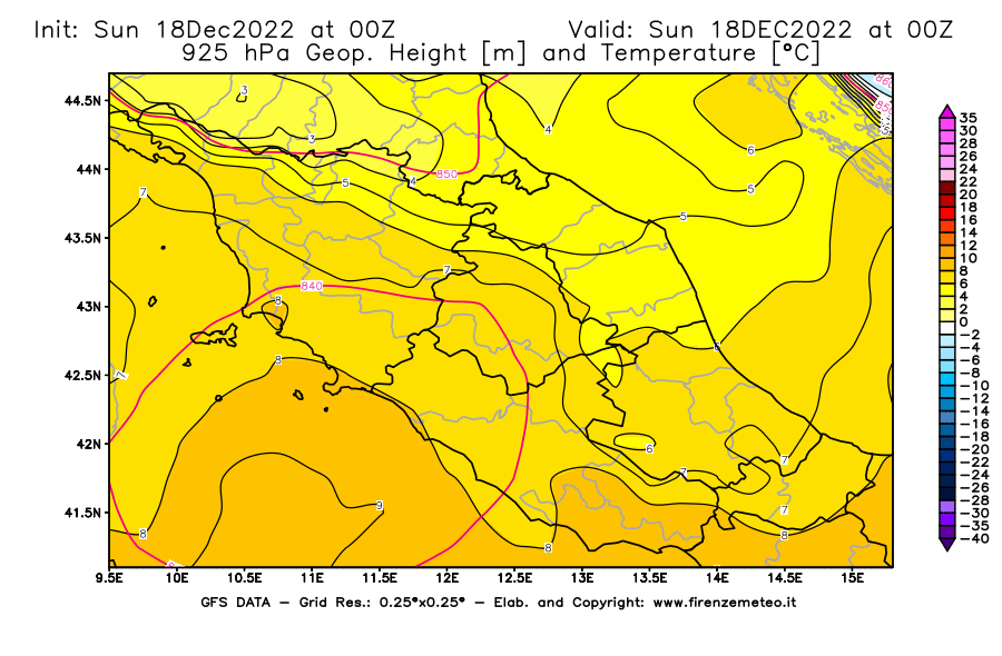 Mappa di analisi GFS - Geopotenziale [m] e Temperatura [°C] a 925 hPa in Centro-Italia
							del 18/12/2022 00 <!--googleoff: index-->UTC<!--googleon: index-->