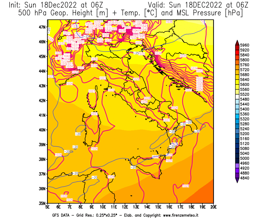 Mappa di analisi GFS - Geopotenziale [m] + Temp. [°C] a 500 hPa + Press. a livello del mare [hPa] in Italia
							del 18/12/2022 06 <!--googleoff: index-->UTC<!--googleon: index-->