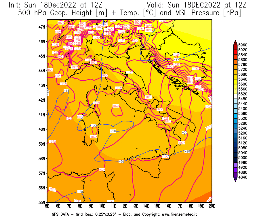 Mappa di analisi GFS - Geopotenziale [m] + Temp. [°C] a 500 hPa + Press. a livello del mare [hPa] in Italia
							del 18/12/2022 12 <!--googleoff: index-->UTC<!--googleon: index-->