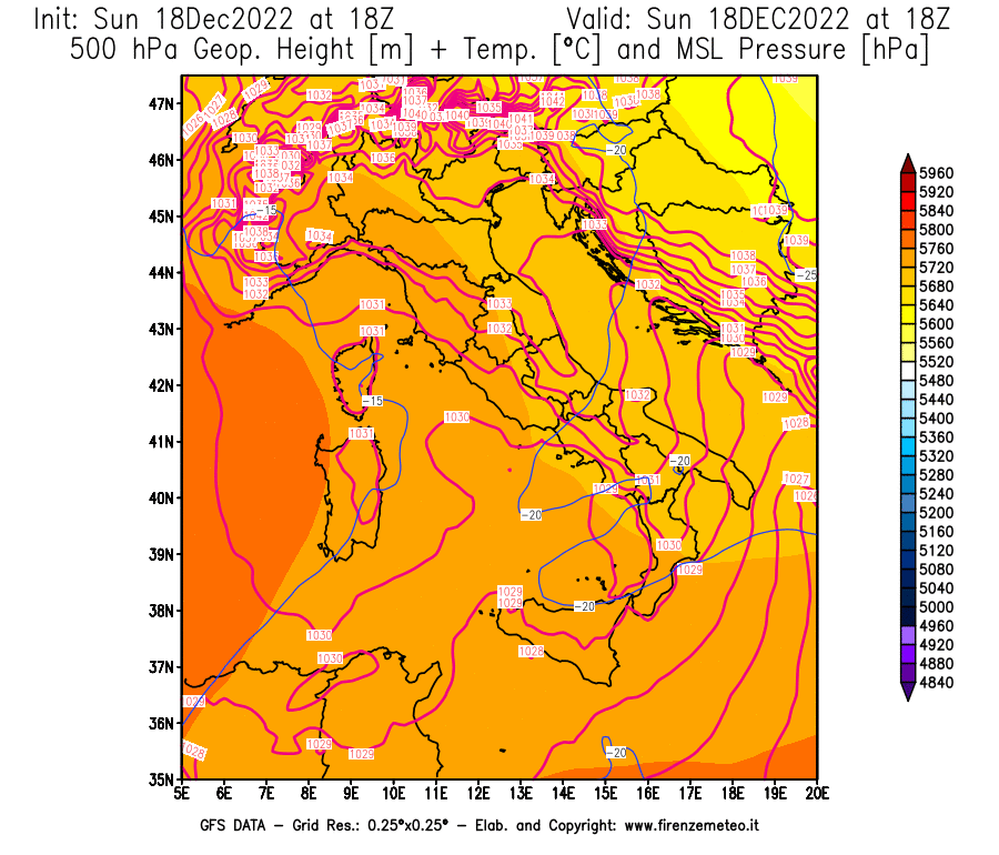 Mappa di analisi GFS - Geopotenziale [m] + Temp. [°C] a 500 hPa + Press. a livello del mare [hPa] in Italia
							del 18/12/2022 18 <!--googleoff: index-->UTC<!--googleon: index-->