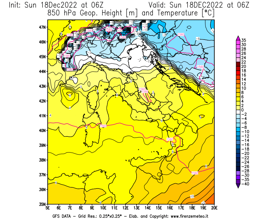 Mappa di analisi GFS - Geopotenziale [m] e Temperatura [°C] a 850 hPa in Italia
							del 18/12/2022 06 <!--googleoff: index-->UTC<!--googleon: index-->