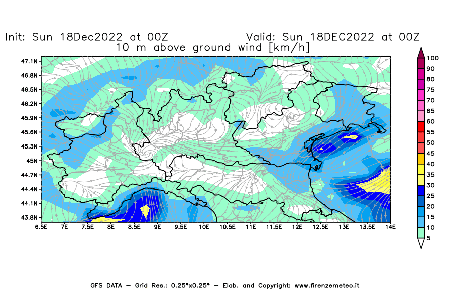 Mappa di analisi GFS - Velocità del vento a 10 metri dal suolo [km/h] in Nord-Italia
							del 18/12/2022 00 <!--googleoff: index-->UTC<!--googleon: index-->