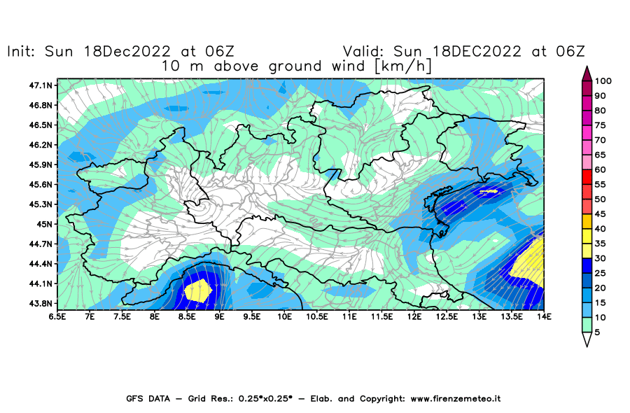 Mappa di analisi GFS - Velocità del vento a 10 metri dal suolo [km/h] in Nord-Italia
							del 18/12/2022 06 <!--googleoff: index-->UTC<!--googleon: index-->
