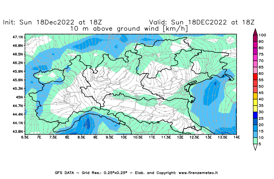 Mappa di analisi GFS - Velocità del vento a 10 metri dal suolo [km/h] in Nord-Italia
							del 18/12/2022 18 <!--googleoff: index-->UTC<!--googleon: index-->