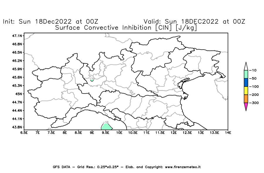 Mappa di analisi GFS - CIN [J/kg] in Nord-Italia
							del 18/12/2022 00 <!--googleoff: index-->UTC<!--googleon: index-->