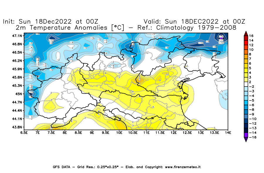 Mappa di analisi GFS - Anomalia Temperatura [°C] a 2 m in Nord-Italia
							del 18/12/2022 00 <!--googleoff: index-->UTC<!--googleon: index-->