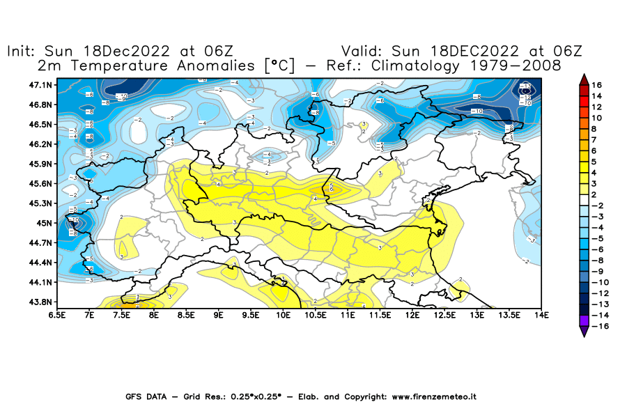 Mappa di analisi GFS - Anomalia Temperatura [°C] a 2 m in Nord-Italia
							del 18/12/2022 06 <!--googleoff: index-->UTC<!--googleon: index-->