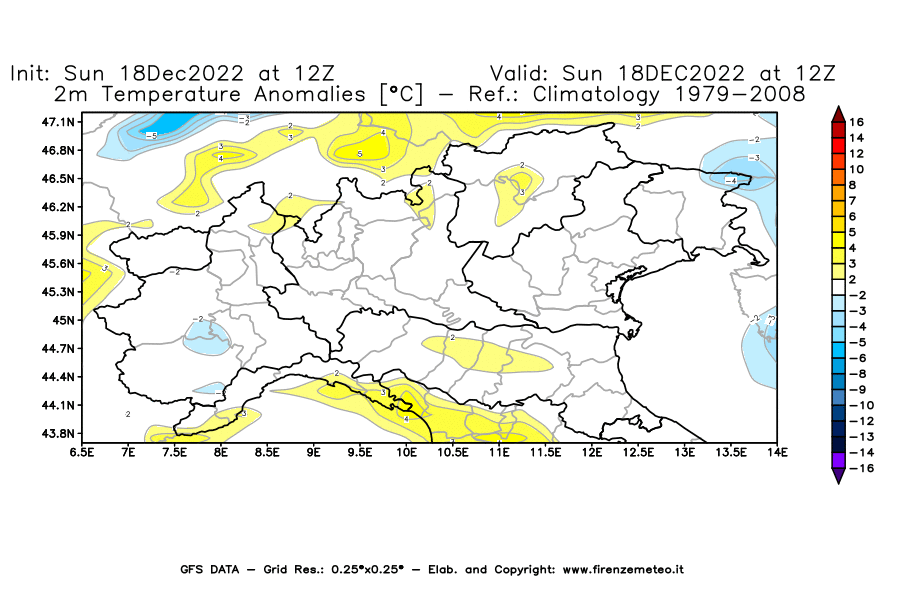 Mappa di analisi GFS - Anomalia Temperatura [°C] a 2 m in Nord-Italia
							del 18/12/2022 12 <!--googleoff: index-->UTC<!--googleon: index-->