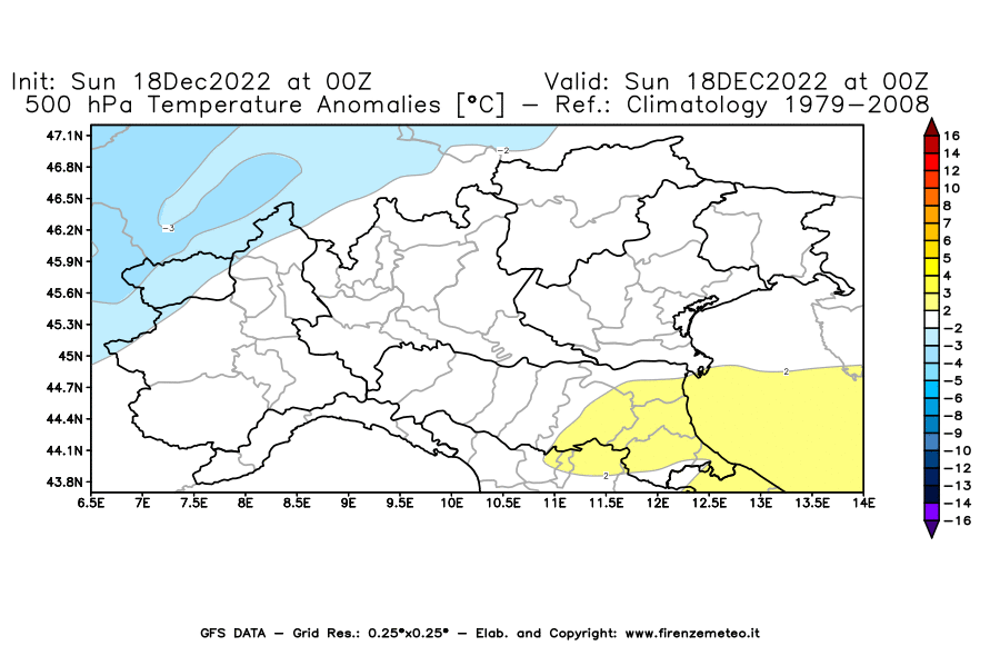 Mappa di analisi GFS - Anomalia Temperatura [°C] a 500 hPa in Nord-Italia
							del 18/12/2022 00 <!--googleoff: index-->UTC<!--googleon: index-->