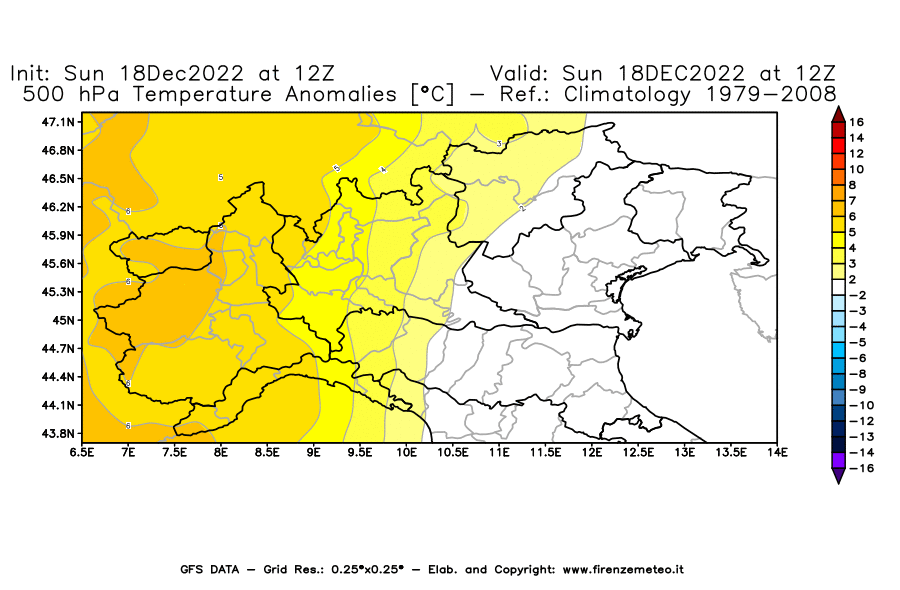 Mappa di analisi GFS - Anomalia Temperatura [°C] a 500 hPa in Nord-Italia
							del 18/12/2022 12 <!--googleoff: index-->UTC<!--googleon: index-->