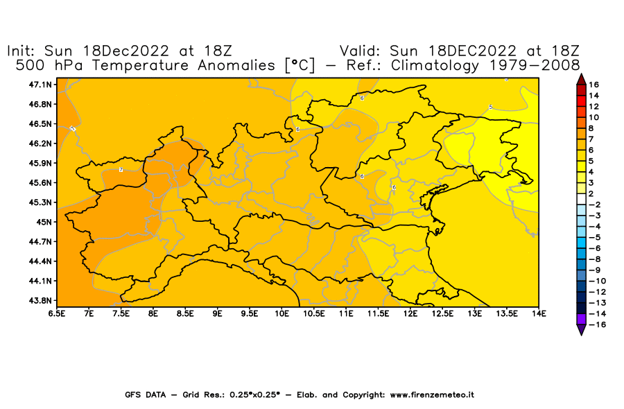 Mappa di analisi GFS - Anomalia Temperatura [°C] a 500 hPa in Nord-Italia
							del 18/12/2022 18 <!--googleoff: index-->UTC<!--googleon: index-->