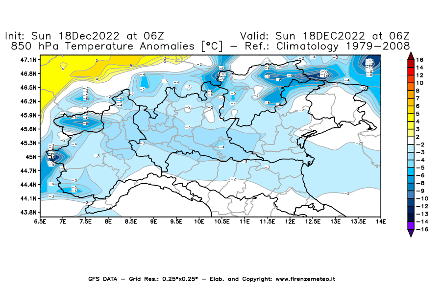 Mappa di analisi GFS - Anomalia Temperatura [°C] a 850 hPa in Nord-Italia
							del 18/12/2022 06 <!--googleoff: index-->UTC<!--googleon: index-->