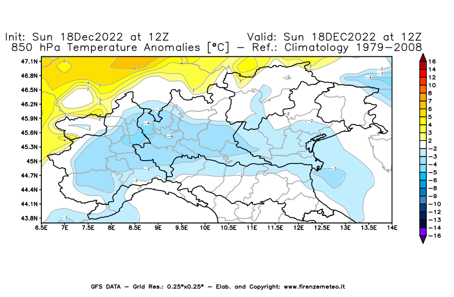 Mappa di analisi GFS - Anomalia Temperatura [°C] a 850 hPa in Nord-Italia
							del 18/12/2022 12 <!--googleoff: index-->UTC<!--googleon: index-->