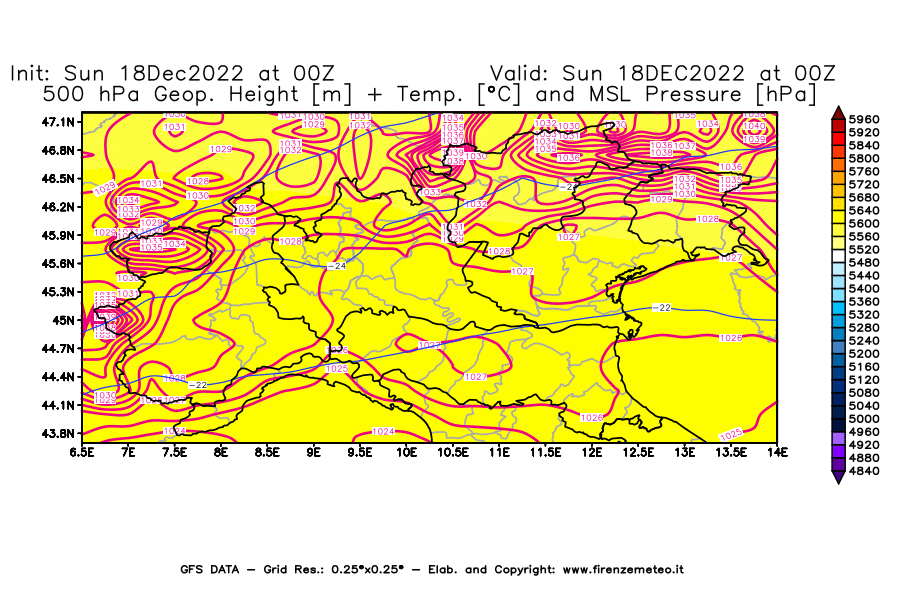 Mappa di analisi GFS - Geopotenziale [m] + Temp. [°C] a 500 hPa + Press. a livello del mare [hPa] in Nord-Italia
							del 18/12/2022 00 <!--googleoff: index-->UTC<!--googleon: index-->