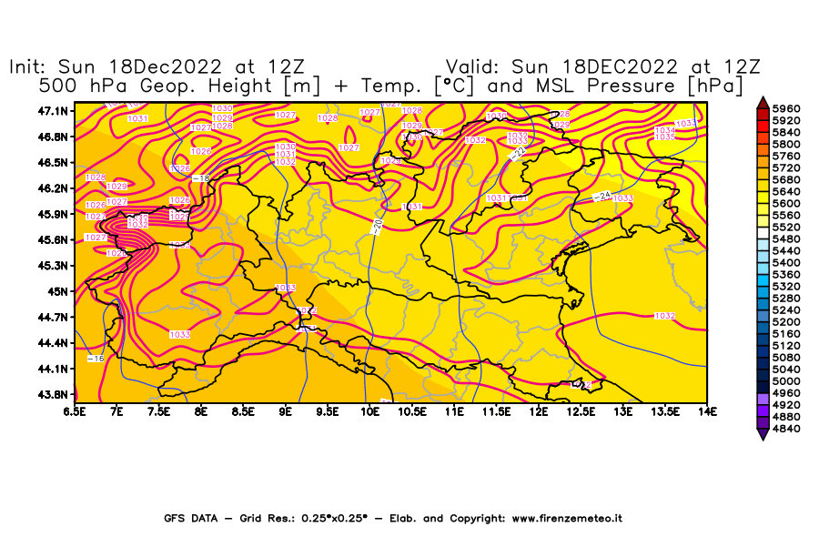 Mappa di analisi GFS - Geopotenziale [m] + Temp. [°C] a 500 hPa + Press. a livello del mare [hPa] in Nord-Italia
							del 18/12/2022 12 <!--googleoff: index-->UTC<!--googleon: index-->