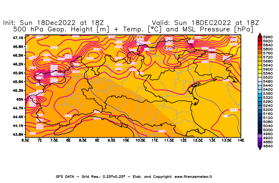 Mappa di analisi GFS - Geopotenziale [m] + Temp. [°C] a 500 hPa + Press. a livello del mare [hPa] in Nord-Italia
							del 18/12/2022 18 <!--googleoff: index-->UTC<!--googleon: index-->