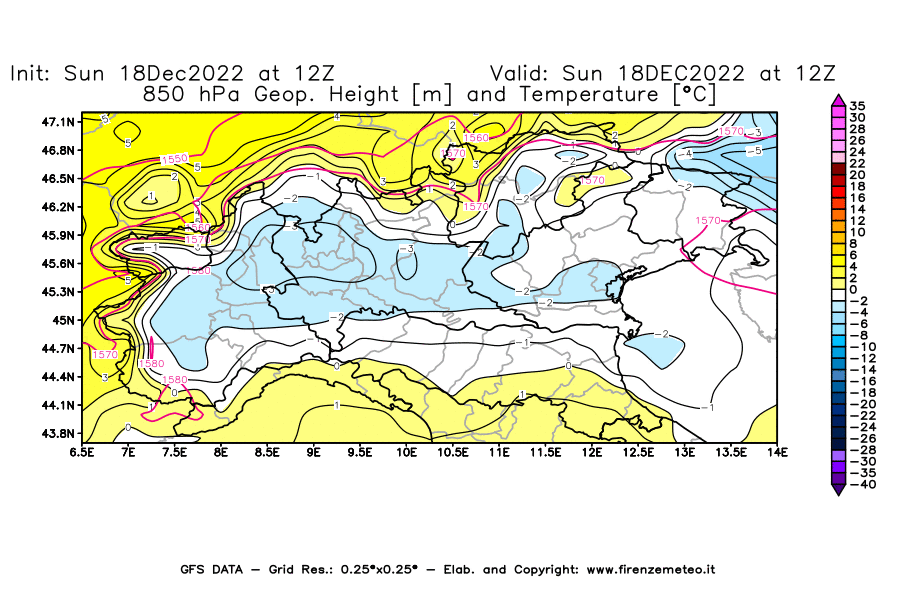 Mappa di analisi GFS - Geopotenziale [m] e Temperatura [°C] a 850 hPa in Nord-Italia
							del 18/12/2022 12 <!--googleoff: index-->UTC<!--googleon: index-->