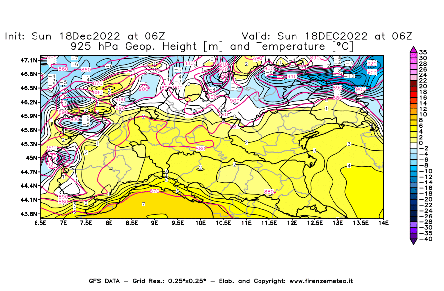 Mappa di analisi GFS - Geopotenziale [m] e Temperatura [°C] a 925 hPa in Nord-Italia
							del 18/12/2022 06 <!--googleoff: index-->UTC<!--googleon: index-->