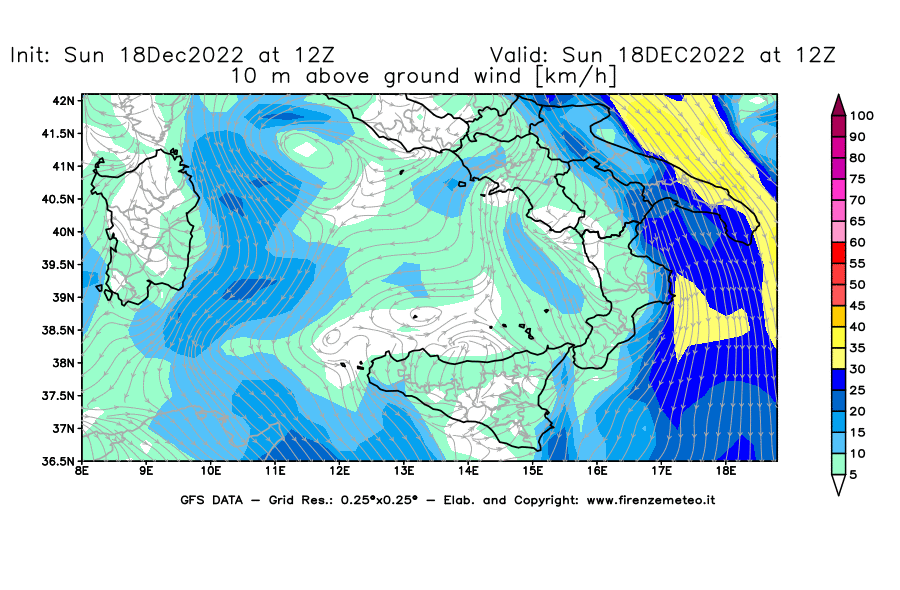 Mappa di analisi GFS - Velocità del vento a 10 metri dal suolo [km/h] in Sud-Italia
							del 18/12/2022 12 <!--googleoff: index-->UTC<!--googleon: index-->