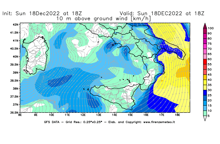 Mappa di analisi GFS - Velocità del vento a 10 metri dal suolo [km/h] in Sud-Italia
							del 18/12/2022 18 <!--googleoff: index-->UTC<!--googleon: index-->