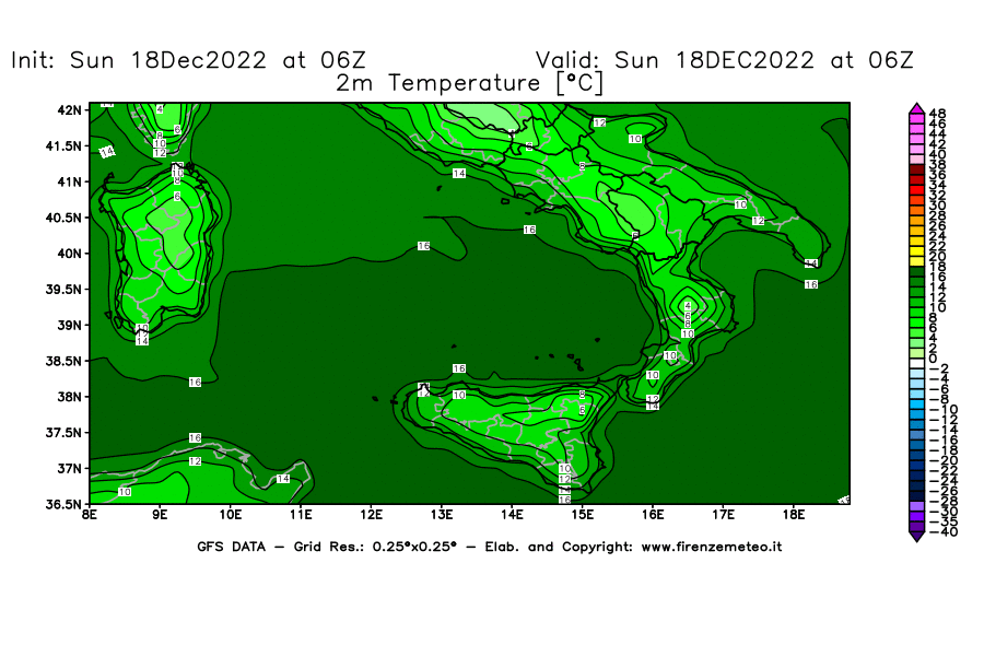 Mappa di analisi GFS - Temperatura a 2 metri dal suolo [°C] in Sud-Italia
							del 18/12/2022 06 <!--googleoff: index-->UTC<!--googleon: index-->