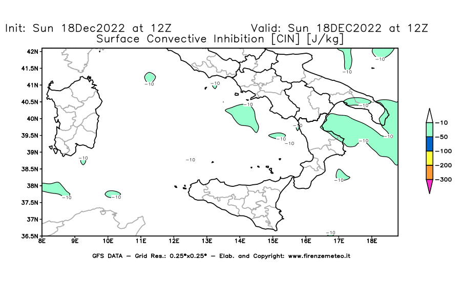 Mappa di analisi GFS - CIN [J/kg] in Sud-Italia
							del 18/12/2022 12 <!--googleoff: index-->UTC<!--googleon: index-->