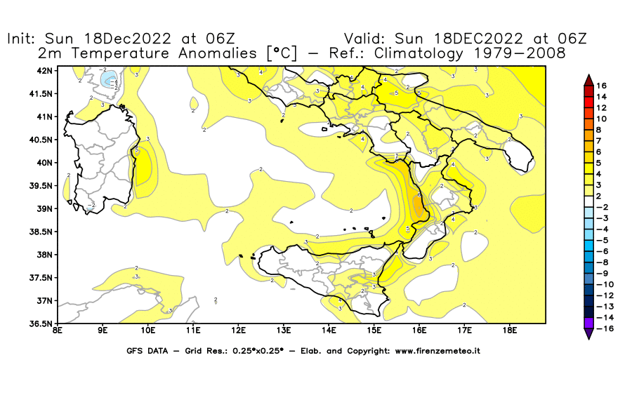 Mappa di analisi GFS - Anomalia Temperatura [°C] a 2 m in Sud-Italia
							del 18/12/2022 06 <!--googleoff: index-->UTC<!--googleon: index-->