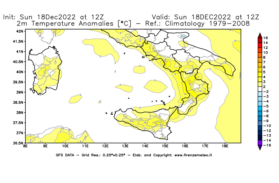 Mappa di analisi GFS - Anomalia Temperatura [°C] a 2 m in Sud-Italia
							del 18/12/2022 12 <!--googleoff: index-->UTC<!--googleon: index-->