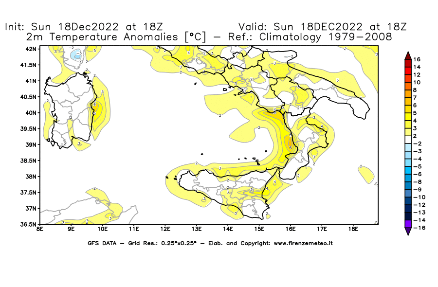 Mappa di analisi GFS - Anomalia Temperatura [°C] a 2 m in Sud-Italia
							del 18/12/2022 18 <!--googleoff: index-->UTC<!--googleon: index-->