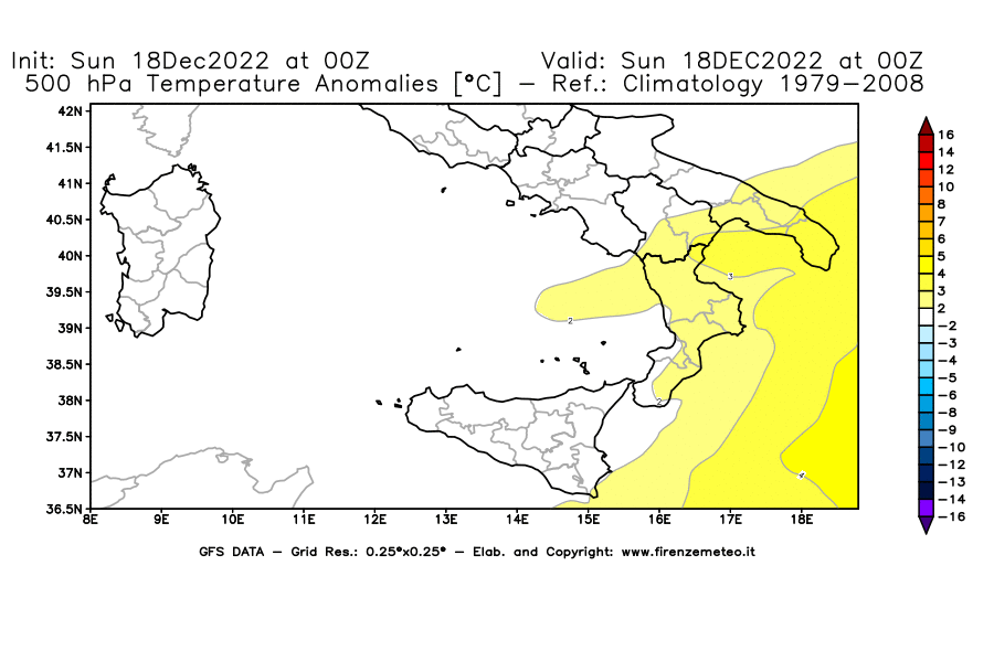 Mappa di analisi GFS - Anomalia Temperatura [°C] a 500 hPa in Sud-Italia
							del 18/12/2022 00 <!--googleoff: index-->UTC<!--googleon: index-->