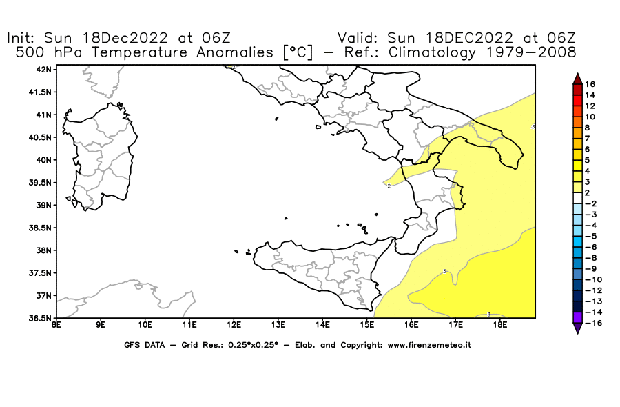 Mappa di analisi GFS - Anomalia Temperatura [°C] a 500 hPa in Sud-Italia
							del 18/12/2022 06 <!--googleoff: index-->UTC<!--googleon: index-->
