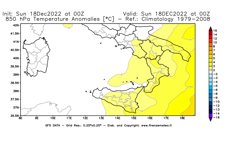 Mappa di analisi GFS - Anomalia Temperatura [°C] a 850 hPa in Sud-Italia
							del 18/12/2022 00 <!--googleoff: index-->UTC<!--googleon: index-->