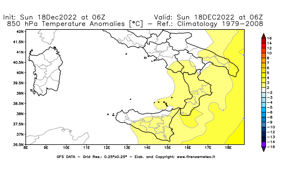 Mappa di analisi GFS - Anomalia Temperatura [°C] a 850 hPa in Sud-Italia
							del 18/12/2022 06 <!--googleoff: index-->UTC<!--googleon: index-->