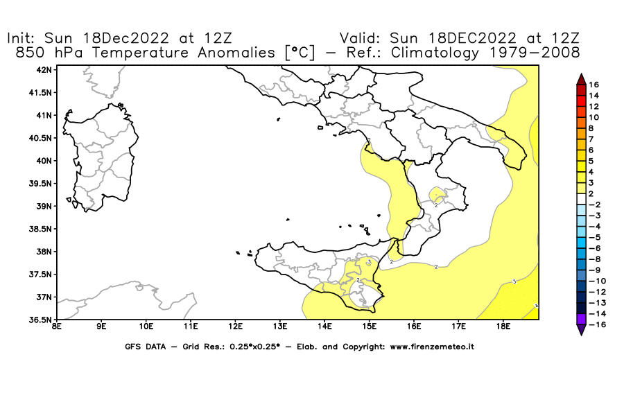 Mappa di analisi GFS - Anomalia Temperatura [°C] a 850 hPa in Sud-Italia
							del 18/12/2022 12 <!--googleoff: index-->UTC<!--googleon: index-->