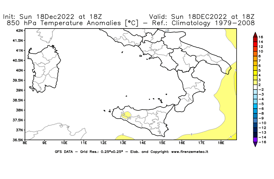Mappa di analisi GFS - Anomalia Temperatura [°C] a 850 hPa in Sud-Italia
							del 18/12/2022 18 <!--googleoff: index-->UTC<!--googleon: index-->
