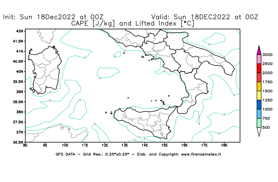 Mappa di analisi GFS - CAPE [J/kg] e Lifted Index [°C] in Sud-Italia
							del 18/12/2022 00 <!--googleoff: index-->UTC<!--googleon: index-->