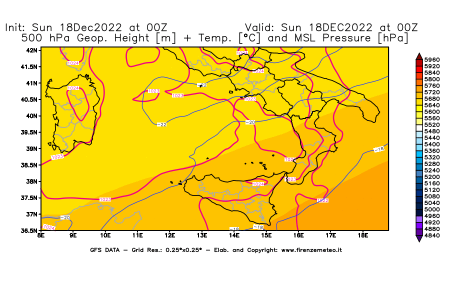 Mappa di analisi GFS - Geopotenziale [m] + Temp. [°C] a 500 hPa + Press. a livello del mare [hPa] in Sud-Italia
							del 18/12/2022 00 <!--googleoff: index-->UTC<!--googleon: index-->