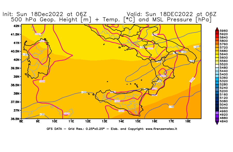 Mappa di analisi GFS - Geopotenziale [m] + Temp. [°C] a 500 hPa + Press. a livello del mare [hPa] in Sud-Italia
							del 18/12/2022 06 <!--googleoff: index-->UTC<!--googleon: index-->