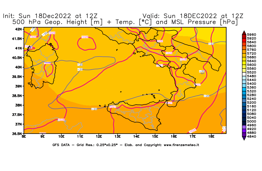 Mappa di analisi GFS - Geopotenziale [m] + Temp. [°C] a 500 hPa + Press. a livello del mare [hPa] in Sud-Italia
							del 18/12/2022 12 <!--googleoff: index-->UTC<!--googleon: index-->