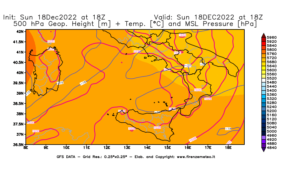 Mappa di analisi GFS - Geopotenziale [m] + Temp. [°C] a 500 hPa + Press. a livello del mare [hPa] in Sud-Italia
							del 18/12/2022 18 <!--googleoff: index-->UTC<!--googleon: index-->